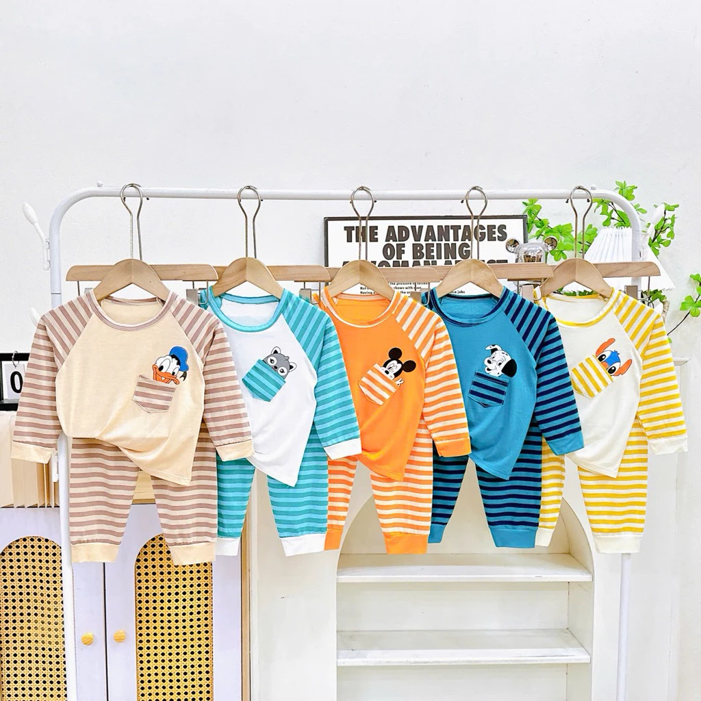 (Bé 5-15kg) Bộ Dài Tay Thun Lạnh In Hình Động Vật Dễ Thương Cho Bé