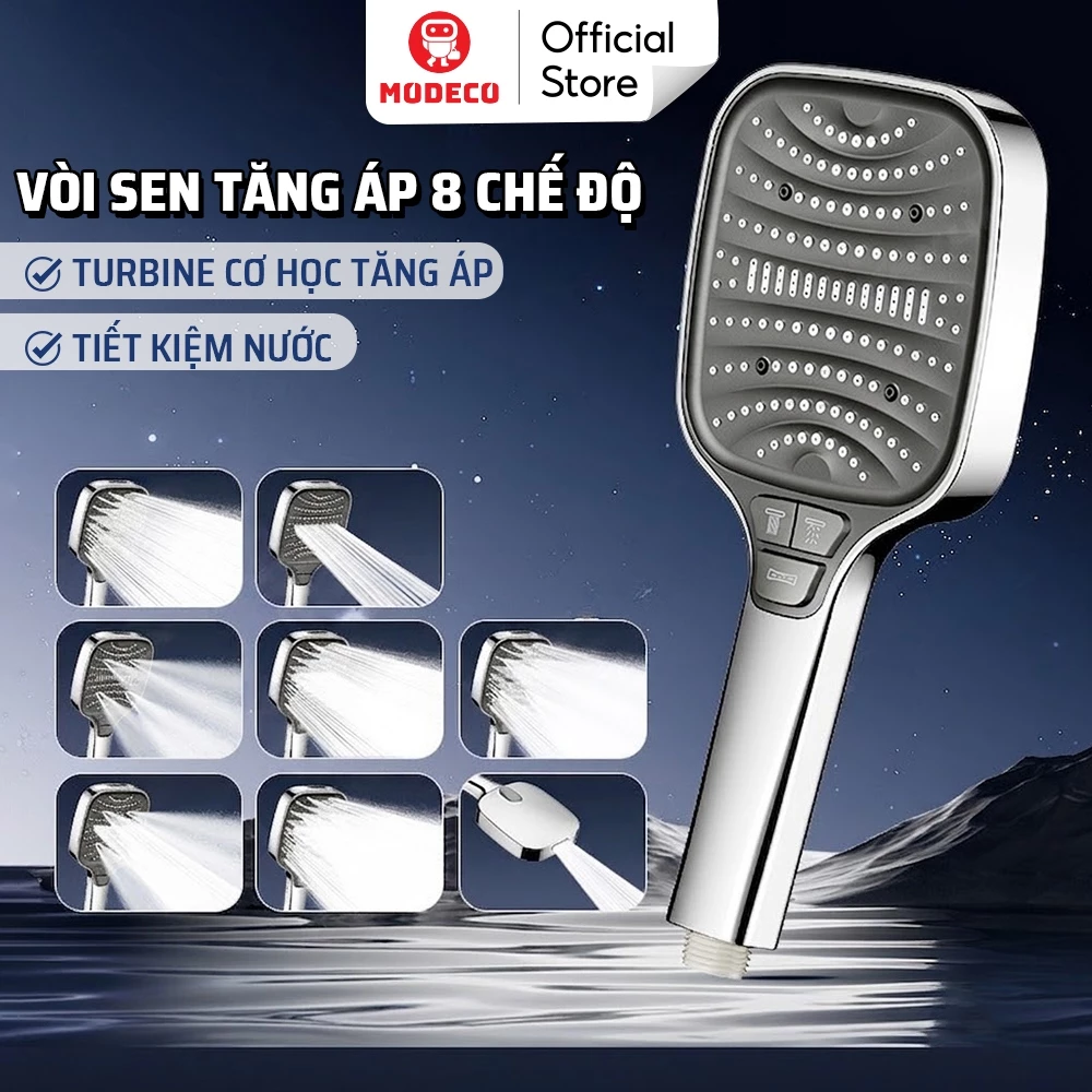 Vòi Sen Tăng Áp Cao Cấp Modeco 8 Cấp Độ Phun, Áp Lực Mạnh, Tiết Kiệm Nước, Đầu Sen Massage Chống Tắc Dễ Lắp Đặt