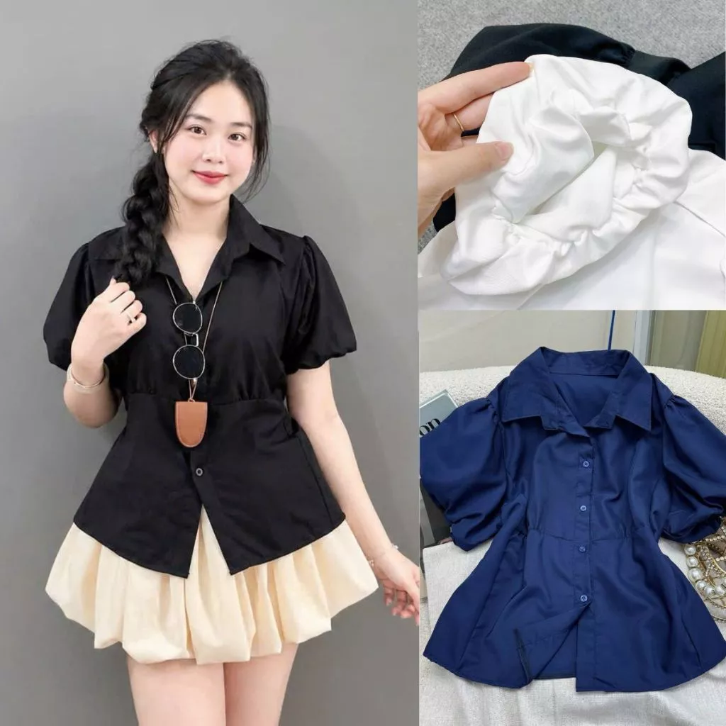 Áo sơ mi tay  phồng bí bigsize nữ  dễ thương có dây buộc tôn eo phối đồ vintage cho nàng 50-100kg- SM192