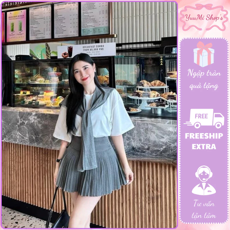 Set đồ nữ,đồ bộ nữ áo phông cộc tay thêu ngực mix khăn choàng thủy thủ phối chân váy ngắn xếp ly HCOM2453 YuuMi Style