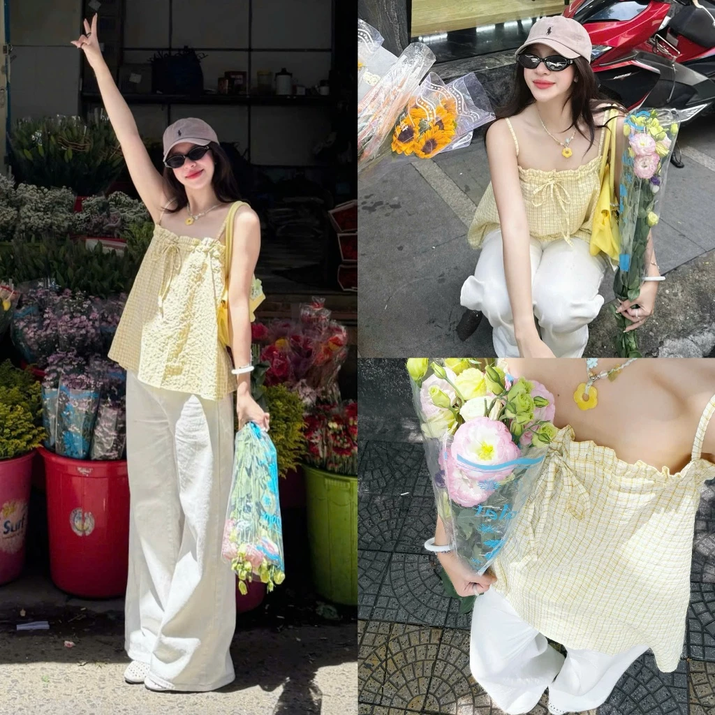 (ẢNH OLDSCHOOL) Áo 2 dây nữ kate thô mùa hè kẻ vàng A374 Zuzu Top