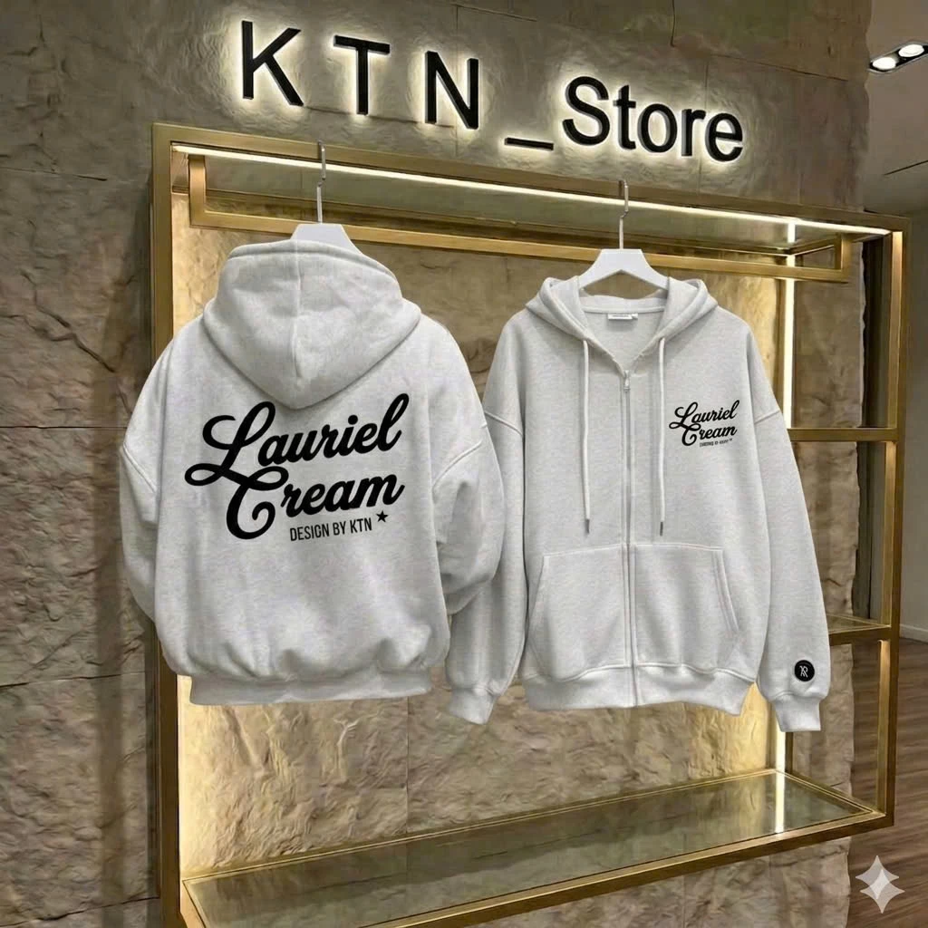Áo Khoác Nỉ Hoodie Zip Lauriel Cream Xám Tiêu Nam nữ Dày dặn, Áo Khoác Chùm Mũ Nỉ Form Boxy Nam Nữ Mẫu Mới