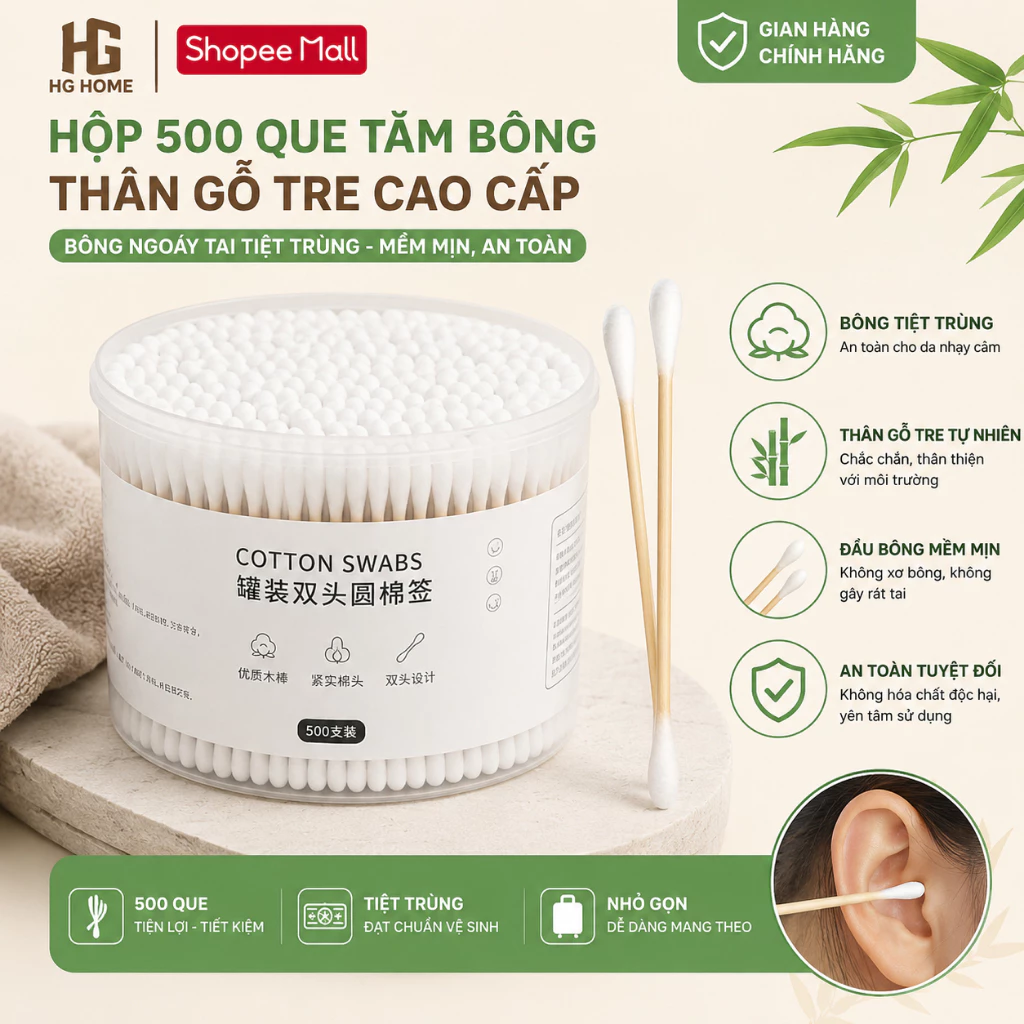 Hộp 500 que tăm bông ngoáy tai thân gỗ tre, bông ngoáy tai tiệt trùng, chất liệu mềm mịn HGHOME