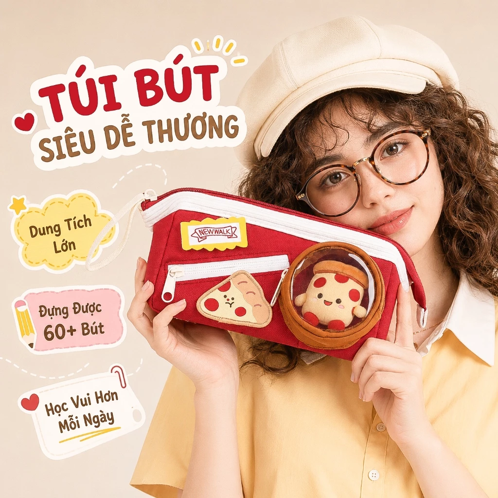 Túi Bút Pizza Cute M.Y – Vải Canvas Chống Thấm, Nhiều Ngăn, 3 Màu Cho Học Sinh