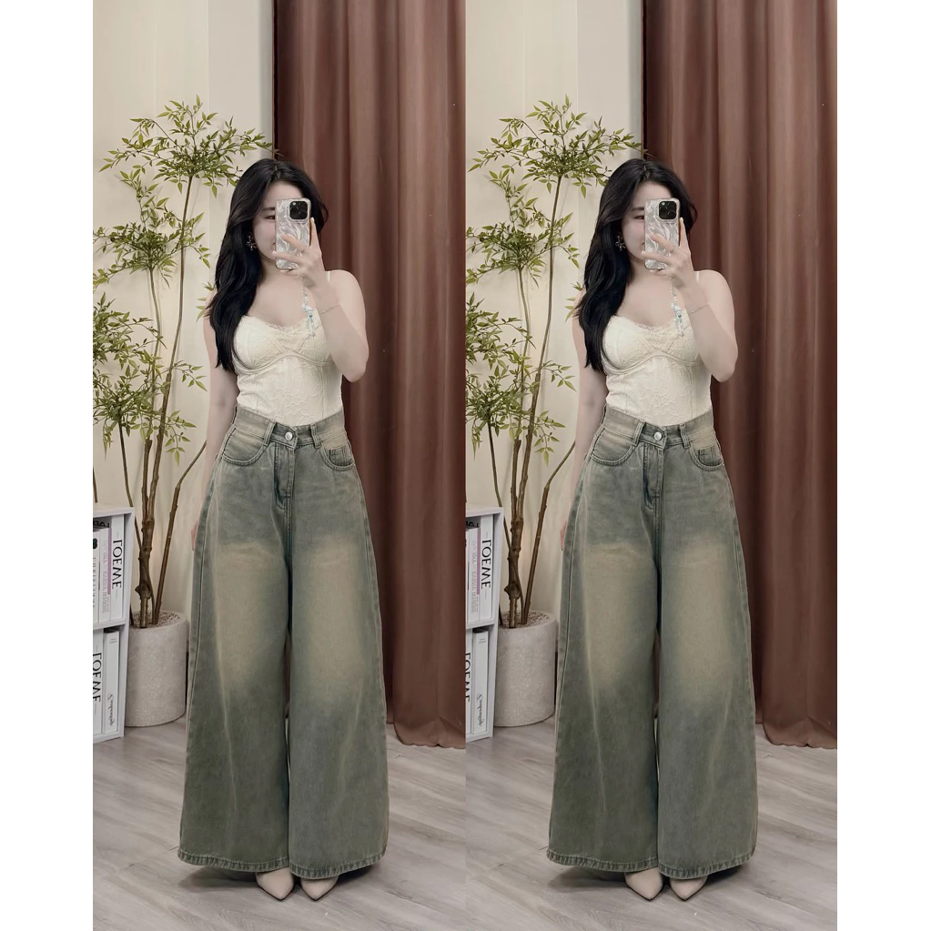 M12 Quần jeans suông nữ, quần bò nữ, quần ống rộng nữ chiều dài 88cm và 95cm, Ống rộng Không co giãn khonhamai