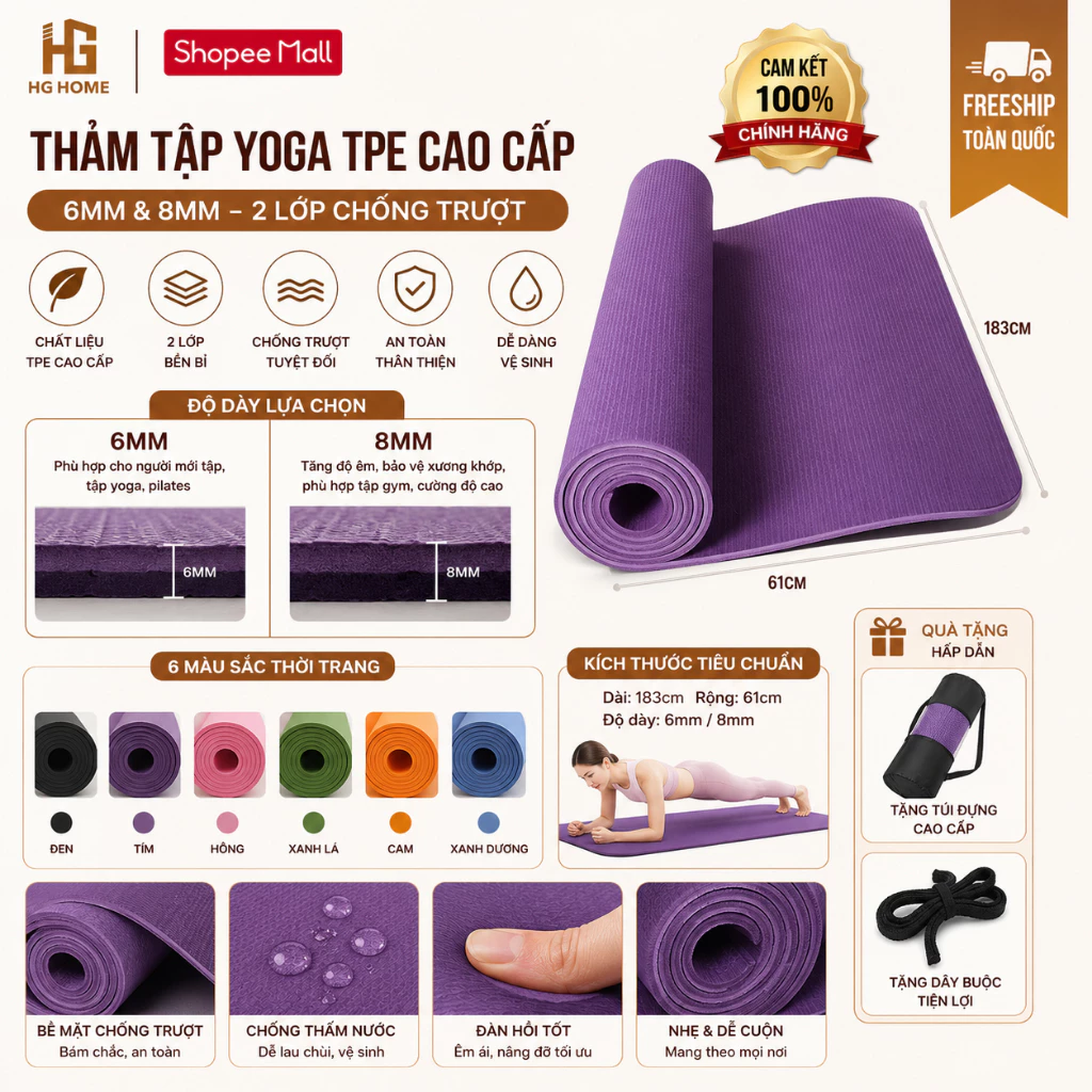 Thảm tập yoga, thảm tập gym TPE 6mm và 8mm 2 lớp cao cấp chống trơn trượt HGHOME