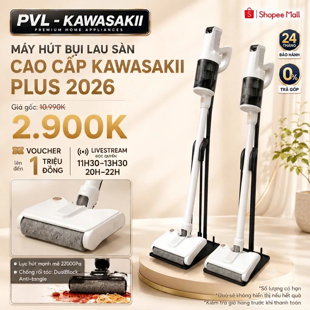 Máy hút bụi lau nhà PVL - KAWASAKII cầm tay không dây, khử khuẩn tia cực tím, lực hút 22.000Pa - Bảo Hành 2 Năm