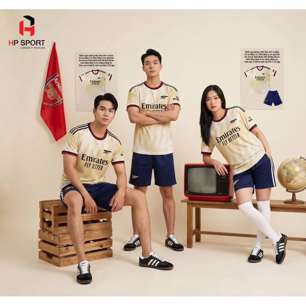Bộ Quần Áo Đá Banh Arsenal kem 2026 HP (Nhận In Tên Số) Thun Mè Cao Cấp Logo Thêu Nam Nữ Top Sport