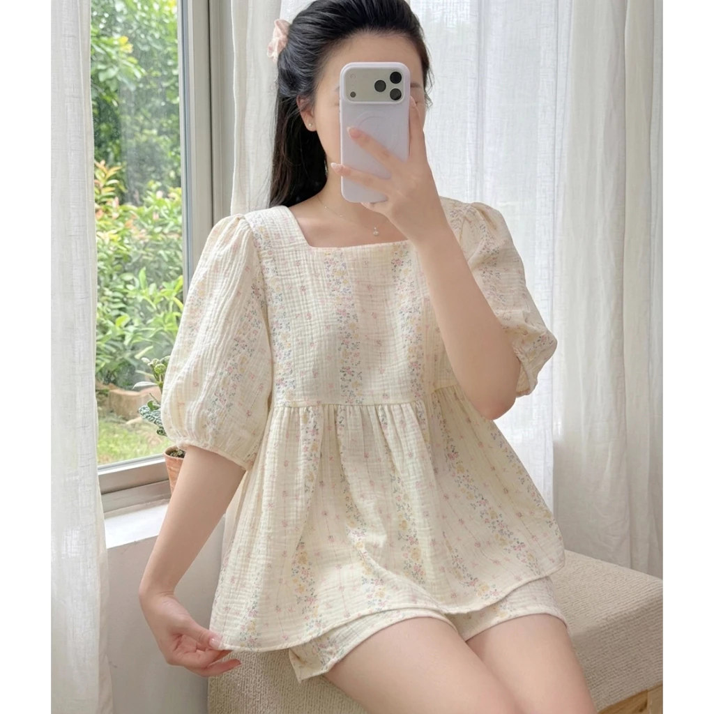 Bộ ngủ Babydoll cổ vuông TAY CỘC QUẦN CỘC vải Xô Muslin mềm mát họa tiết hoa vintage nhiều màu