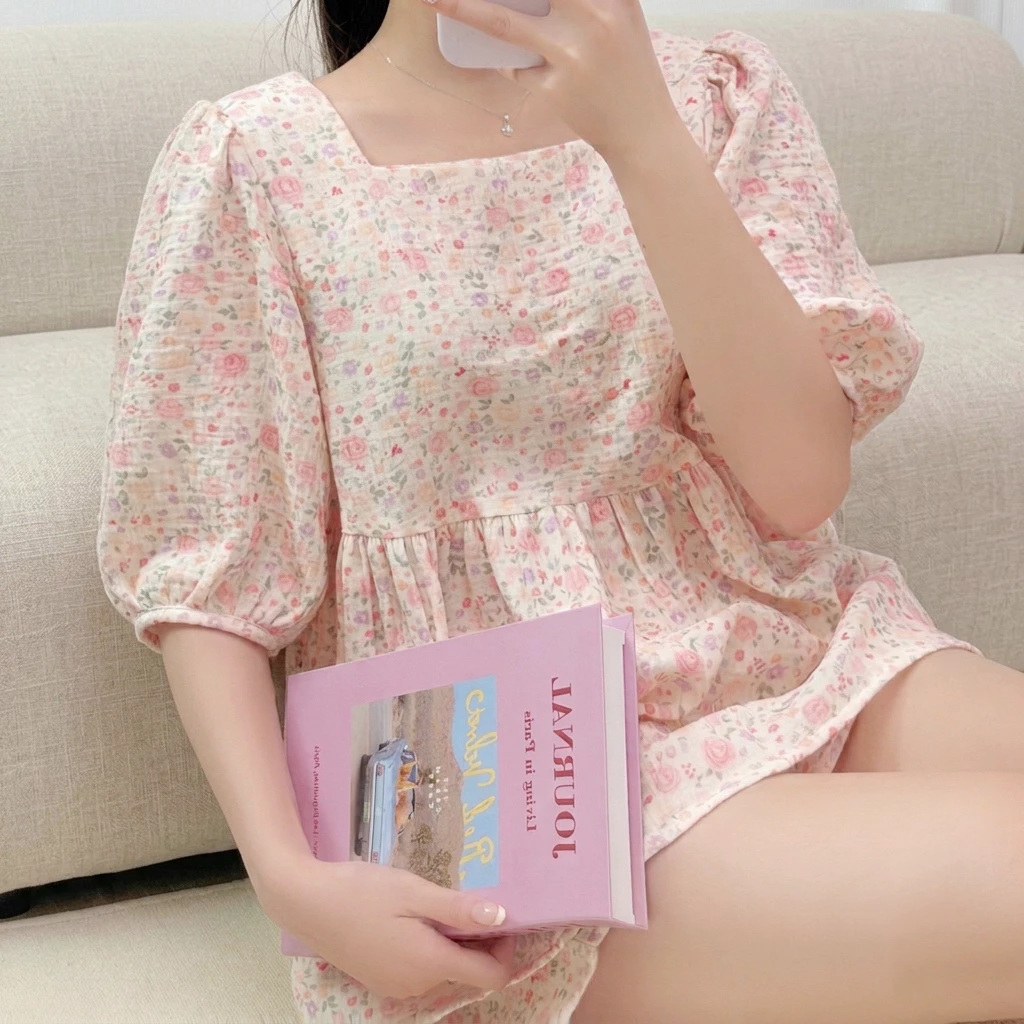 Bộ đồ ngủ Babydoll cổ vuông TAY CỘC QUẦN CỘC chất liệu vải Xô Muslin mềm mát, họa tiết xinh