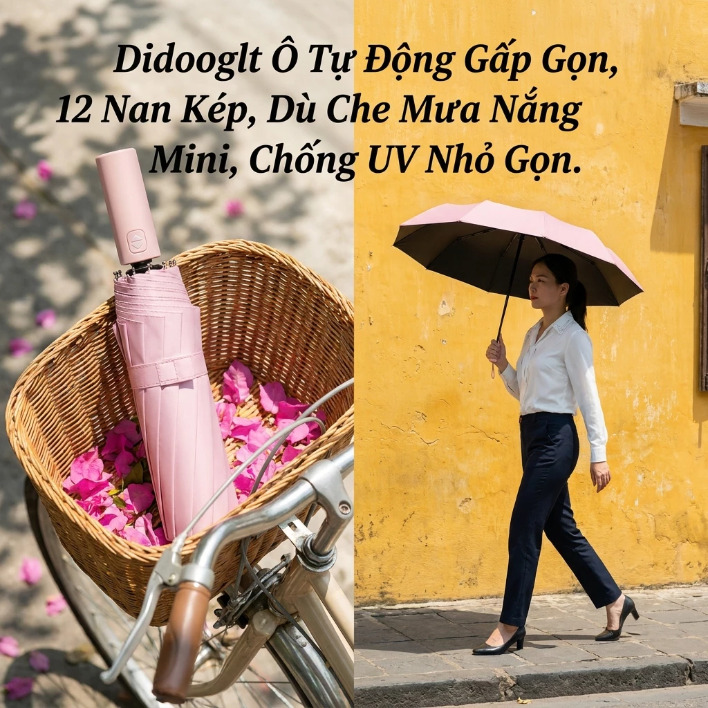Dù mini tự động 12 nan kép gọn nhẹ dùng đi học đi làm đi chơi