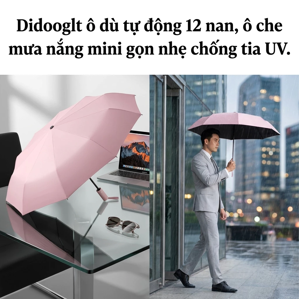Ô cầm tay gấp gọn tự động 12 nan che mưa nắng tiện lợi mang theo