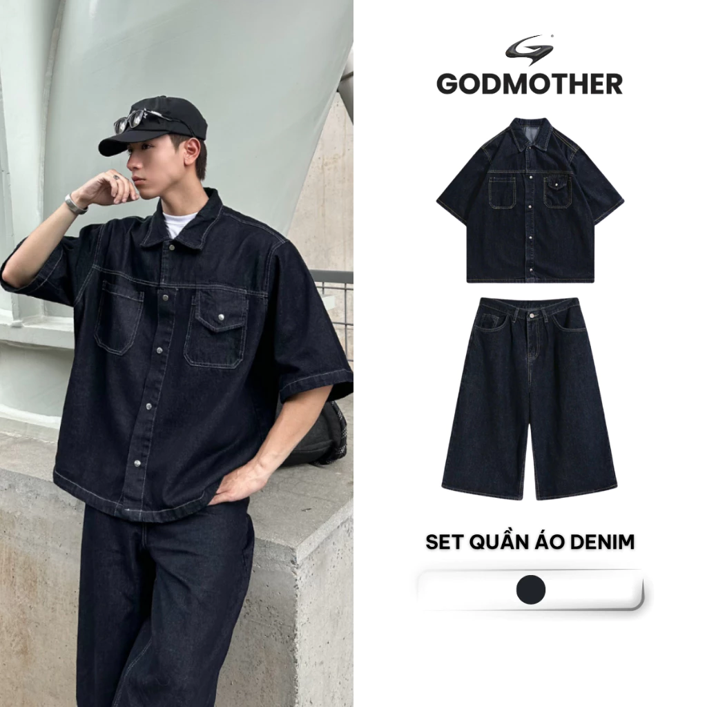 Set Quần Áo Denim GODMOTHER 2026 Đồ Bộ Nam Denim (Áo + Quần) Cộc Tay Form Rộng Trẻ Trung Cao Cấp