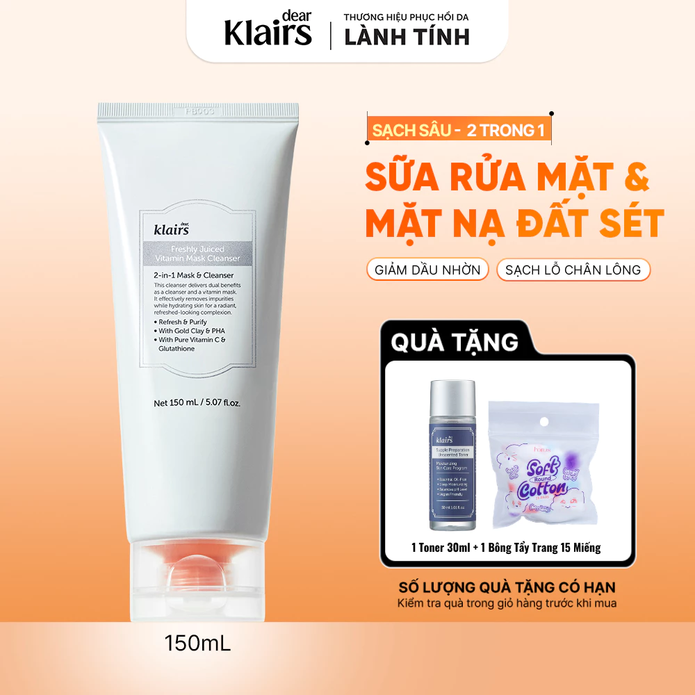 [ĐQ] Sữa rửa mặt Dear, Klairs Freshly Juiced Vitamin Mask Cleanser hỗ trợ làm sáng da 150ml