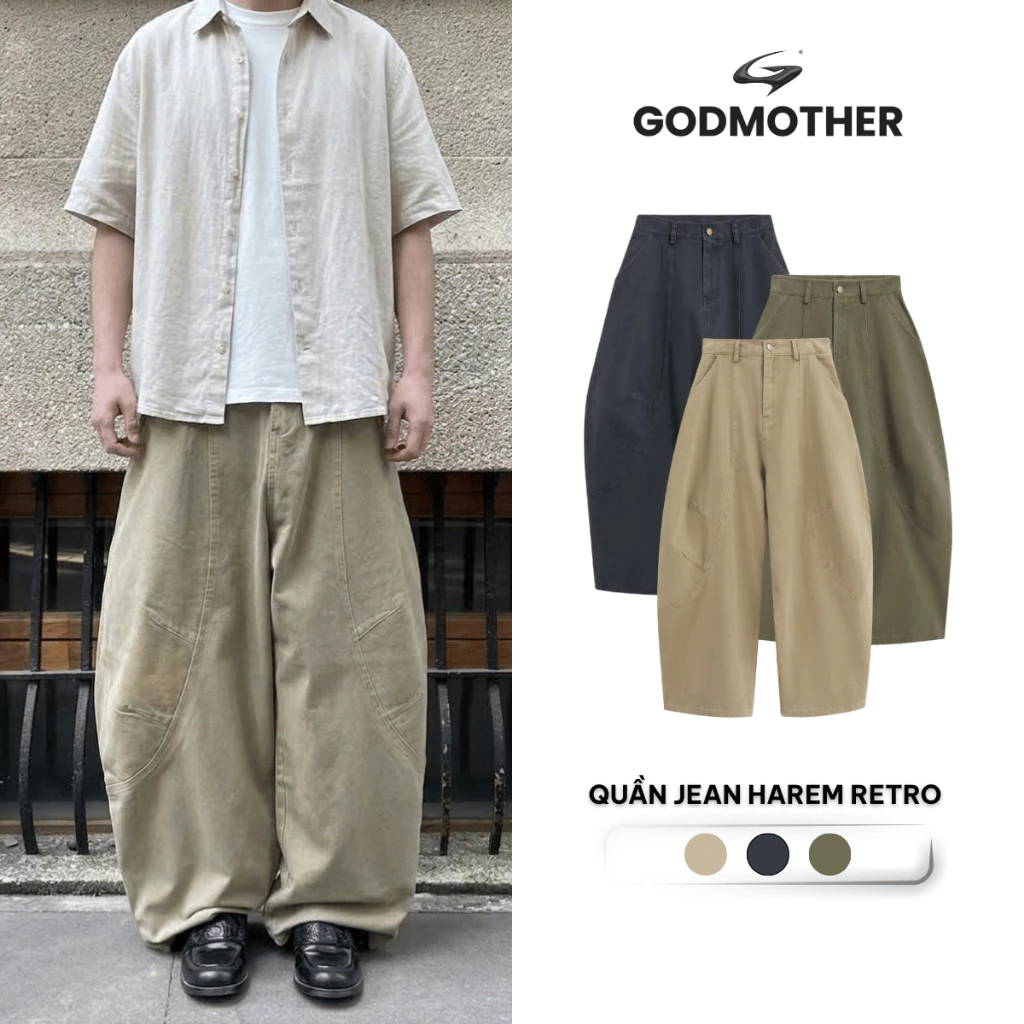 Quần Jean Retro Form Rộng GODMOTHER Quần Jean Harem Cạp Trễ Túi Kiểu Phong Cách Đường Phố Năng Động