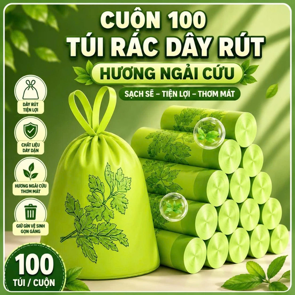Cuộn 300 túi đựng rác hương ngải cứu chống côn trùng, chống muỗi có quai xách tiện dụng 45x45cm