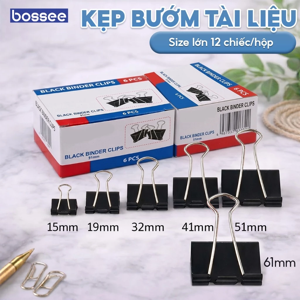 Hộp 12 Kẹp Bướm Đen Kim Loại Văn Phòng Phẩm Bossee - Kẹp Giấy Tài Liệu Lưu Trữ Hồ Sơ Nhiều Kích Thước