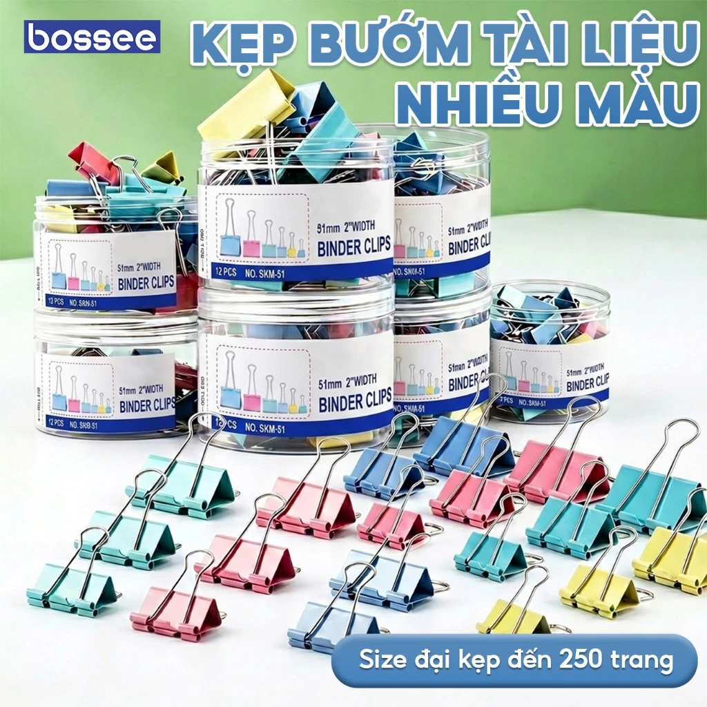 Kẹp Bướm Kẹp Tài Liệu Màu Pastel Bossee Size 15mm-61mm - Kẹp Giấy Tờ Hồ Sơ Nhiều Màu Dễ Thương Ghim Giấy Văn Phòng