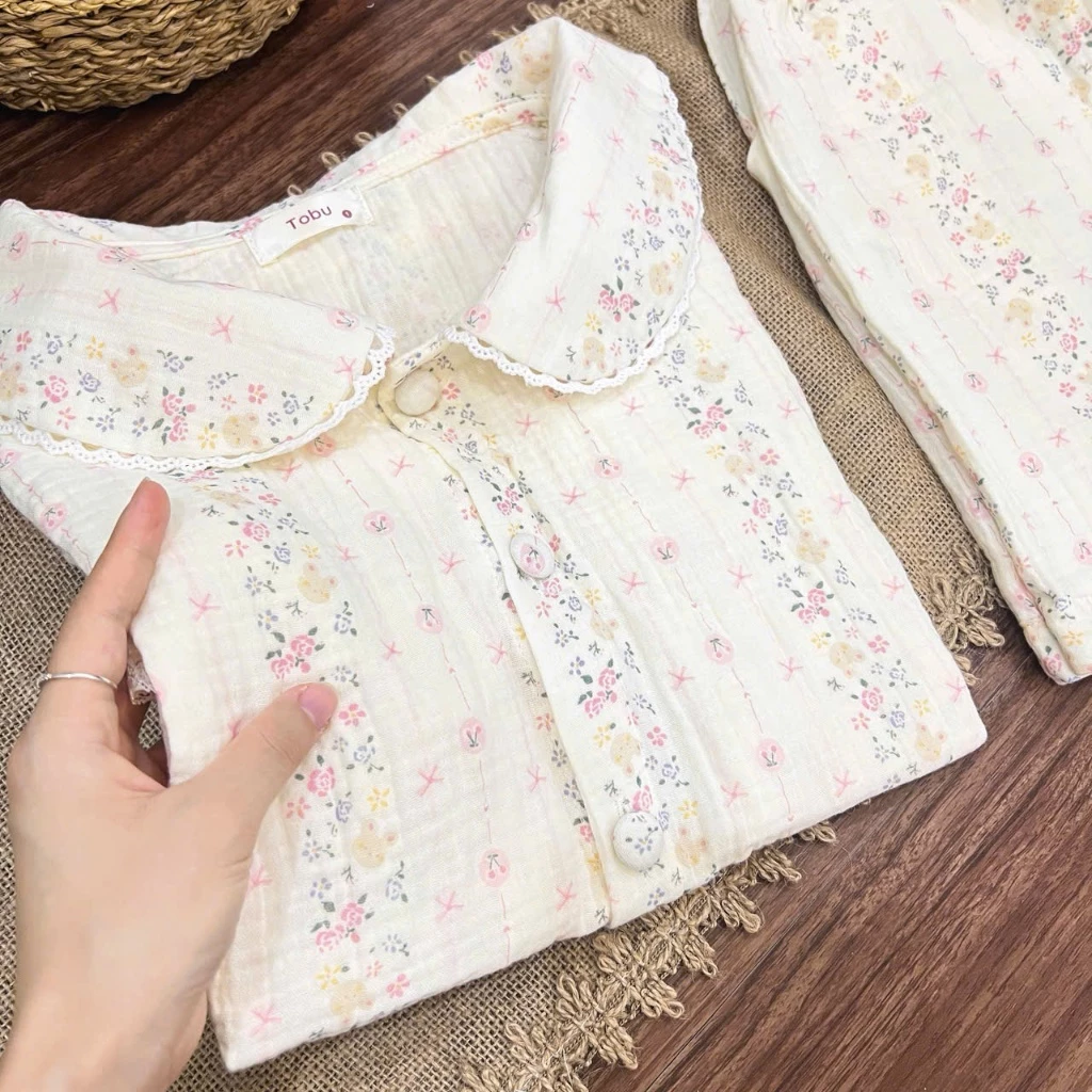 Bộ đồ ngủ Xô Muslin cổ sen TAY CỘC QUẦN CỘC, mặc ở nhà mềm mại, thoáng mát