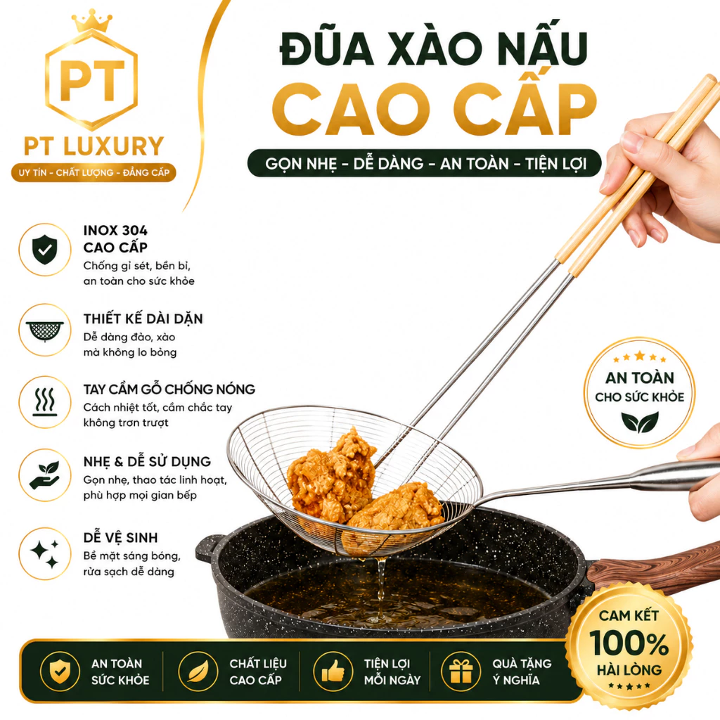Đũa xào nấu thức ăn PTLUXURY chất liệu thép không gỉ, đũa nấu ăn dài tay cầm gỗ chống nóng