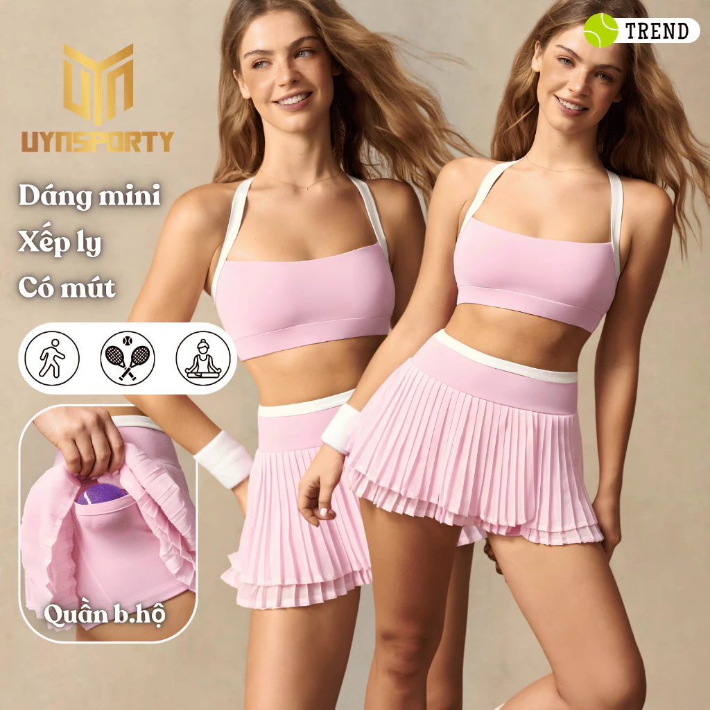 Đồ Tập Pickleball Nữ UYNSPORTY Áo Croptop Thắt Nút, Phối Màu Chân Váy 2 Tầng Xếp Ly Bộ Pickleball Nữ