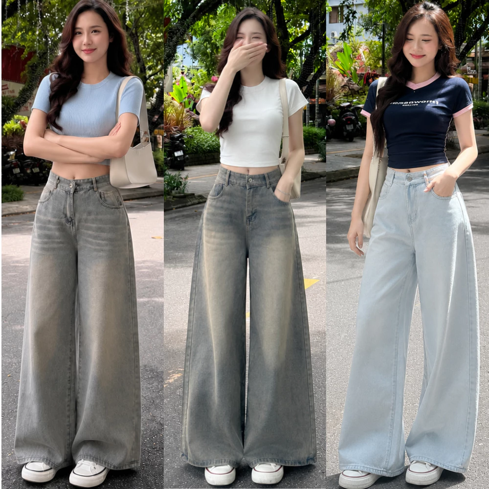 Quần Jean Ống Suông màu Xanh Trắng MIAA  chất liệu Denim form nam nữ phong cách trẻ trung năng động