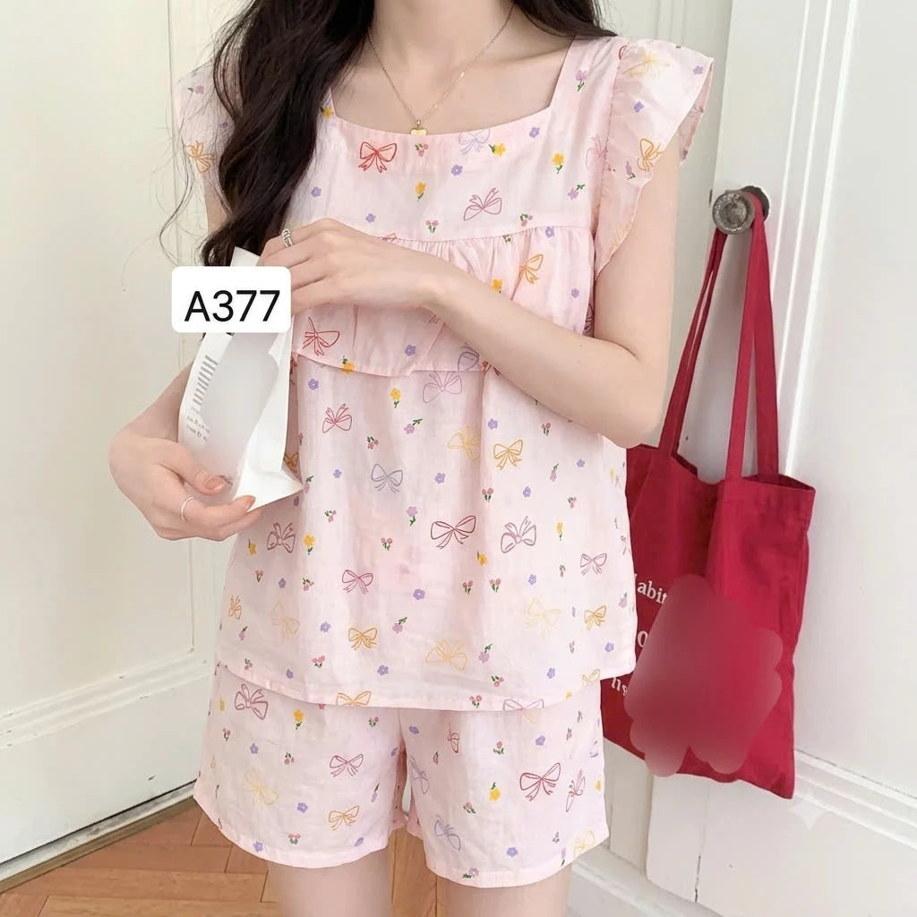 Bộ đồ ngủ nữ áo cánh tiên quần ngắn bèo ngực hoa nhí dễ thương mặc ở nhà chất tole/lanh mềm mát và thấm hút mồ hôi tốt