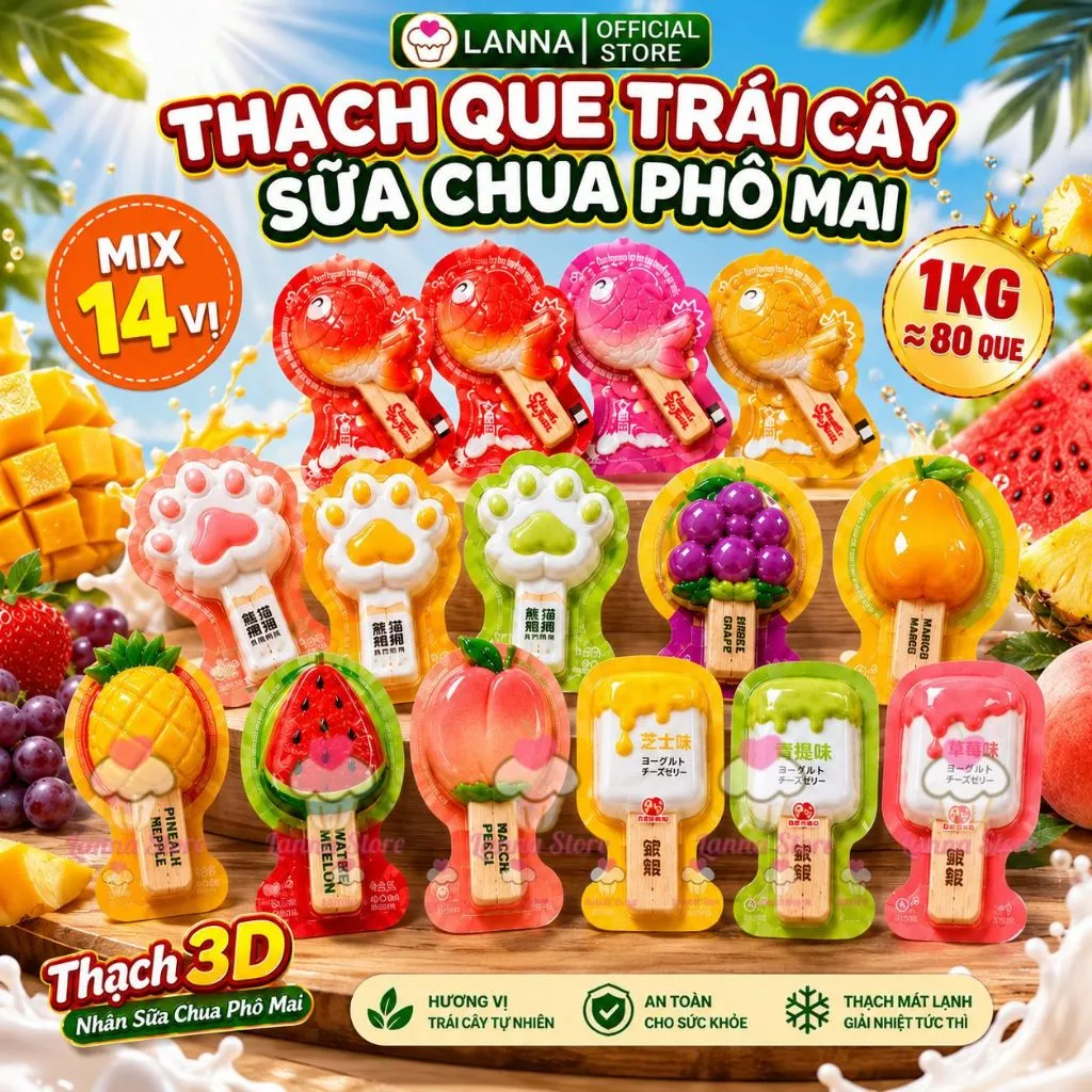 【1KG】Thạch Que Hình Chân Mèo Kem Sữa Chua Phô Mai Mix Trái Cây Nhiều Vị Thơm Ngon Ăn Vặt