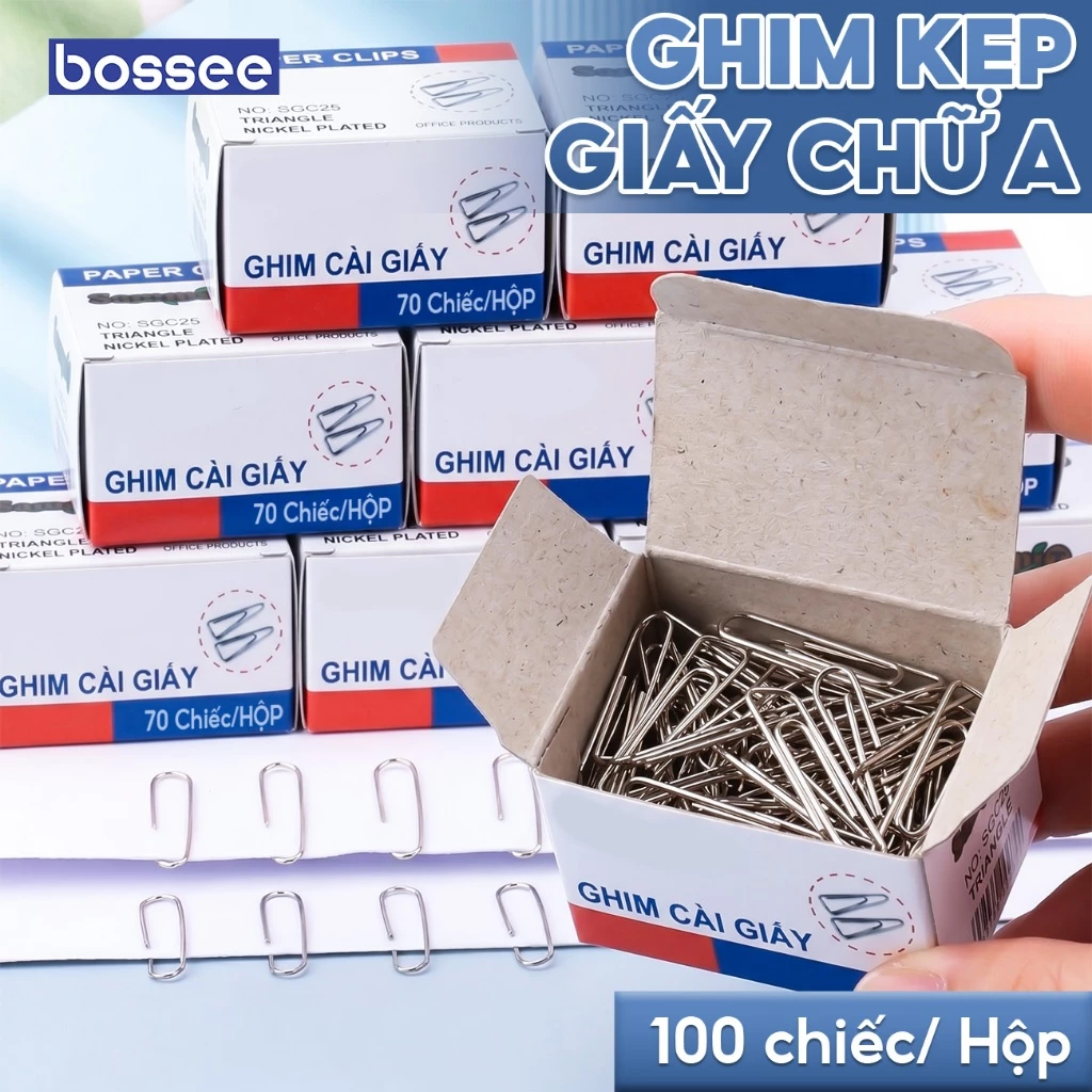 Hộp 100 Chiếc Ghim Cài Chữ A Bossee Cao Cấp - Ghim Tam Giác Kẹp Giấy Tài Liệu Văn Phòng Phẩm Chống Gỉ Sét