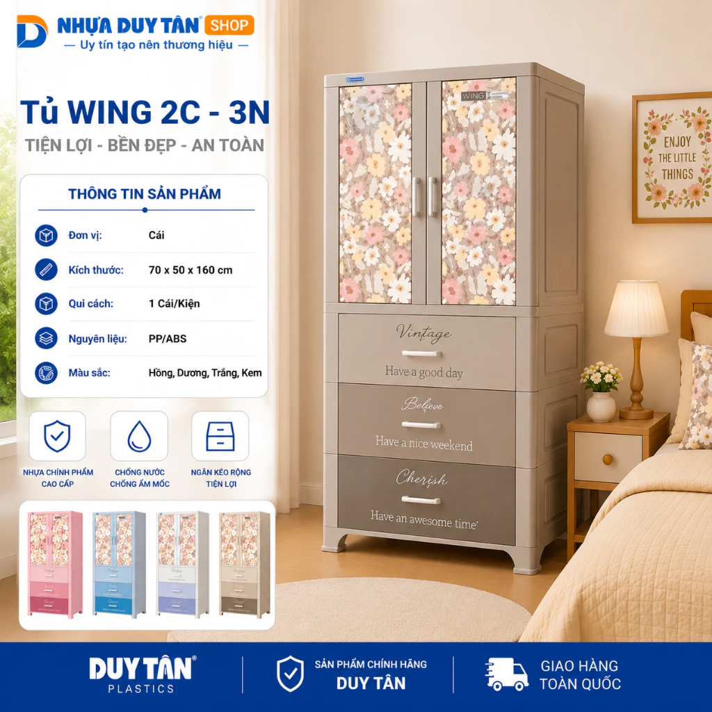 Tủ Nhựa Duy Tân Wing 2 Cánh 3 Ngăn Treo Quần Áo Cao Cấp (70x50x160cm) - [Tặng Kèm Móc Áo]
