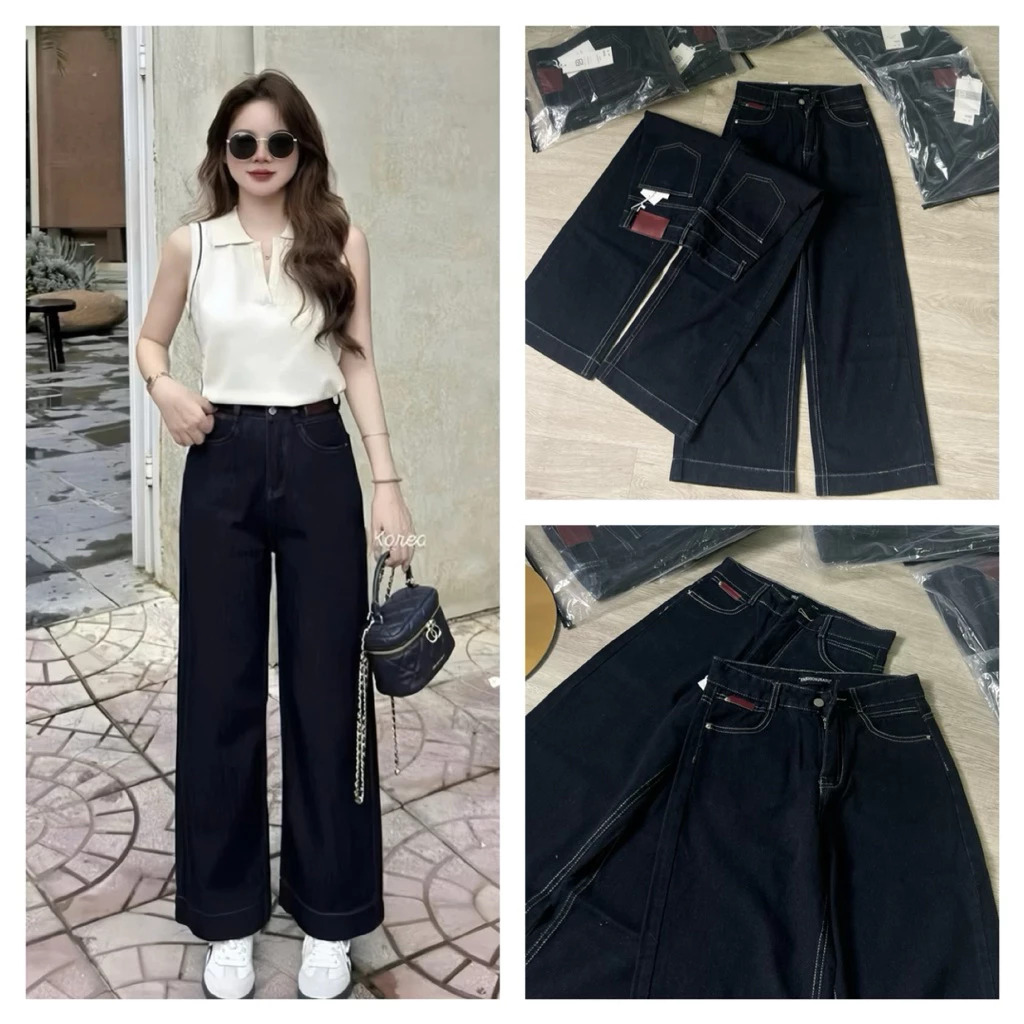 ( SUÔNG NẤM 95CM) QUẦN SUÔNG NỮ MÀU XANH THAN PHỐI TAG ĐỎ CHẤT JEAN CAO CẤP KO GIÃN, QUẦN JEAN NỮ FORM TRƠN BASIC
