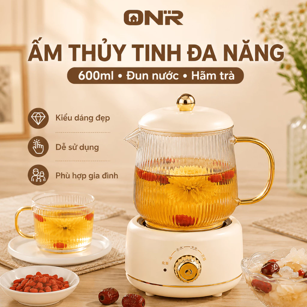 Ấm Đun Nước Đa Năng 600ML, 3 Mức Nhiệt, Borosilicate, Pha Trà & Hầm Tổ Yến, Quà Tặng