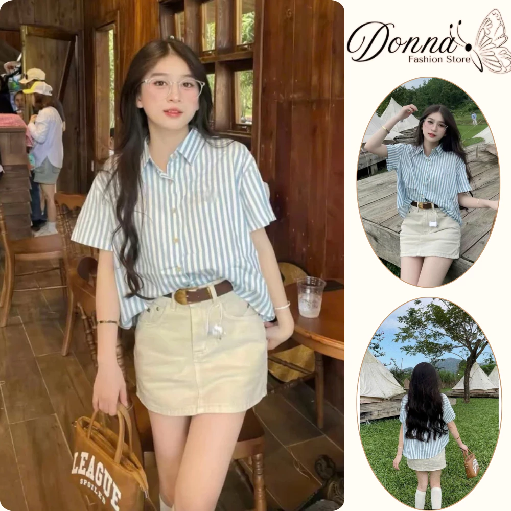 Áo sơ mi nữ Dona HCOM25182 , Áo sơ mi kiểu nữ ngắn tay kẻ sọc xanh dễ phối đồ