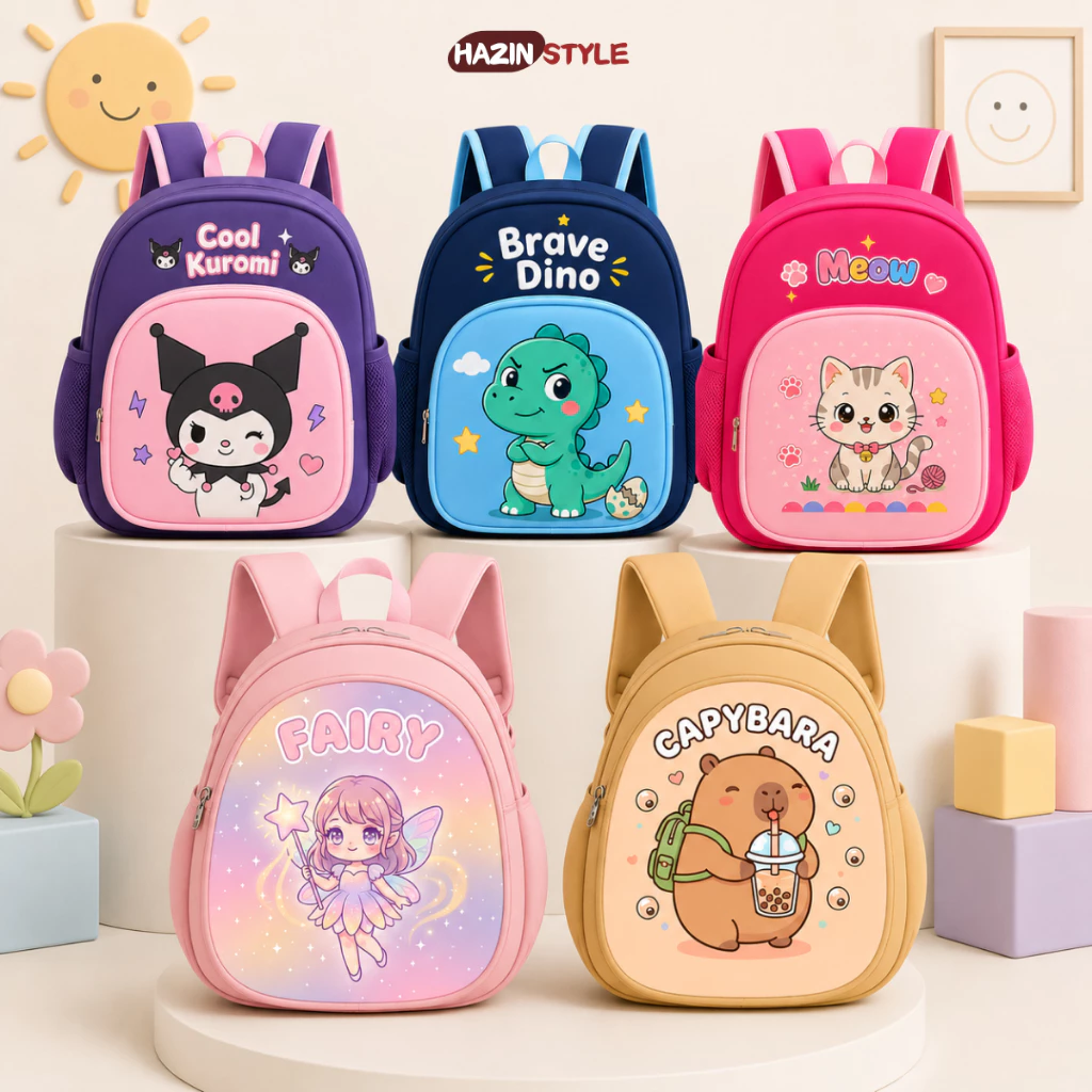 Balo cho bé 1-5 tuổi đi học mẫu giáo, balo mầm non bé trai bé gái in hình Hello Kitty, Kuromi, Capybara dễ thương