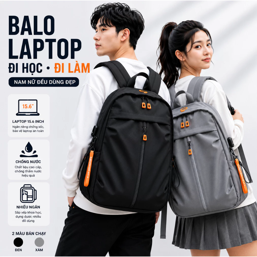 Balo Laptop Nam Nữ Đi Học Chống Nước Đựng Laptop 15.6 Inch Cho Sinh Viên Đi Làm Nhiều Ngăn Hadi travel B26