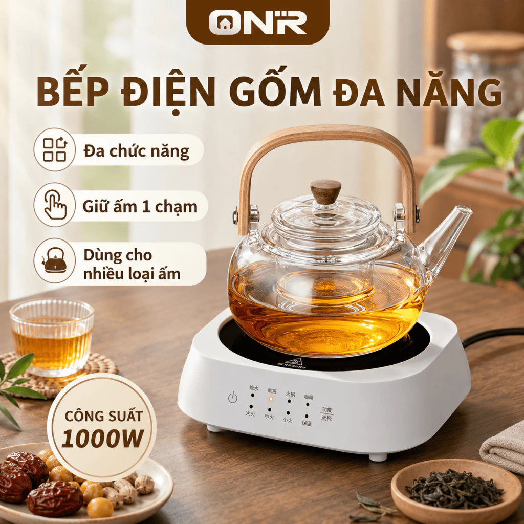 Ấm Siêu Tốc Bếp Điện 1000W 1L, 8 Chế Độ, Borosilicate, Tay Gỗ, Nắp Kính, Hầm Súp, Pha Trà