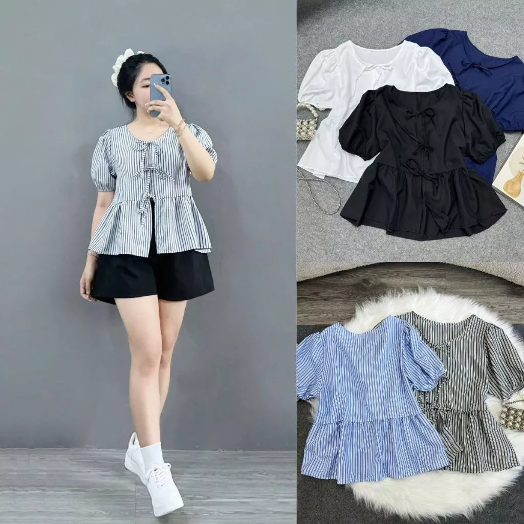 Áo Babydoll Kẻ Nữ Bigsize Nơ Tay Bồng bo chun siêu hot, áo nữ kiểu dáng Hàn Quốc dễ thương 50-95kg-A190/A191