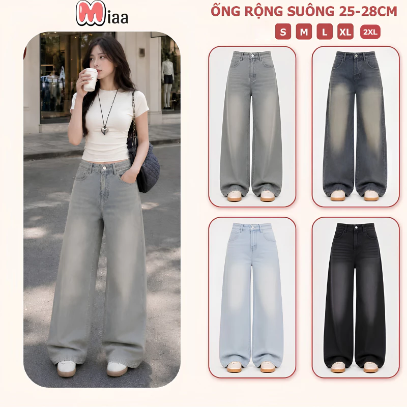 Quần Jean Nữ Ống Suông Rộng Cạp Cao MIAA Cực xinh MÀU WASH Xanh Nhạt Ống Suông Rộng Phong Cách Retro Ulzzang_VER1