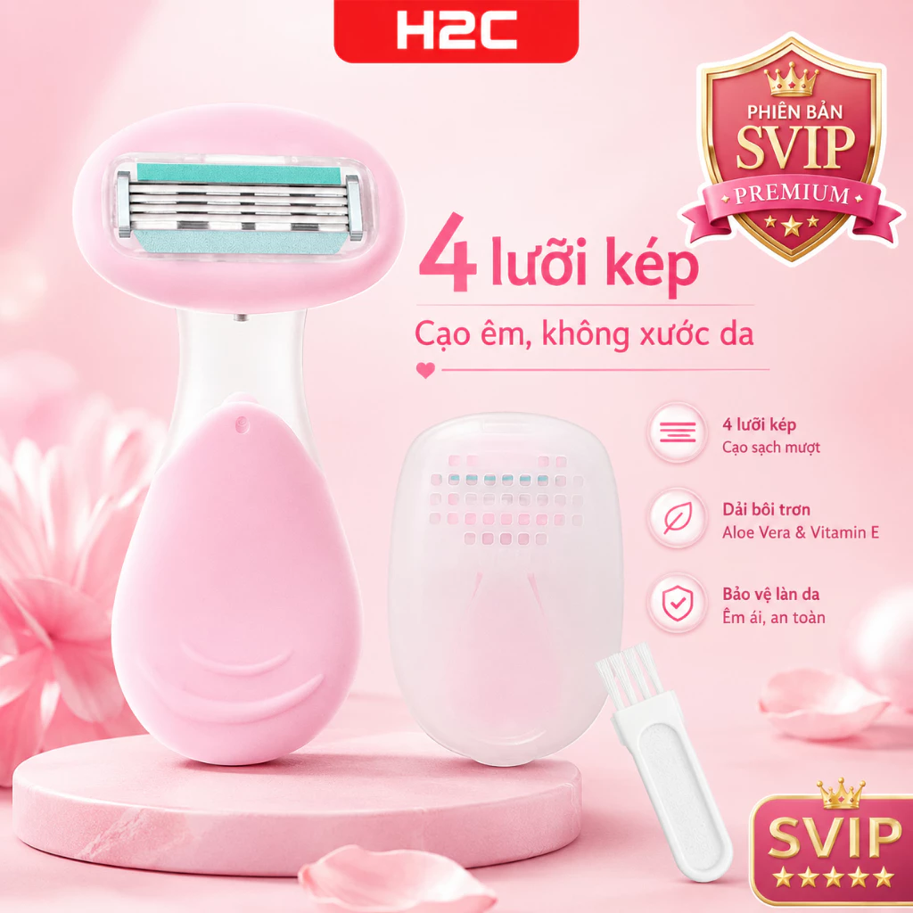 SVIP Dao Cạo Nữ 4 Lưỡi Kép H2C GentleSilk, Dao Cạo Lông Body Cạo Êm, Kèm Hộp Đựng Và Chổi Vệ Sinh