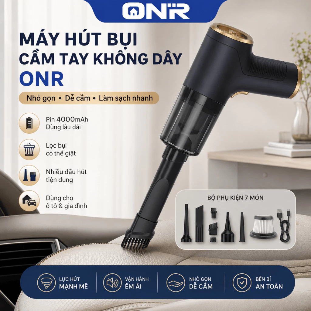 Máy Hút Bụi Xe Hơi Đa Năng, Lực Hút 8000Pa, 6 Cách Kết Hợp, Hút & Thổi, Tiện Lợi