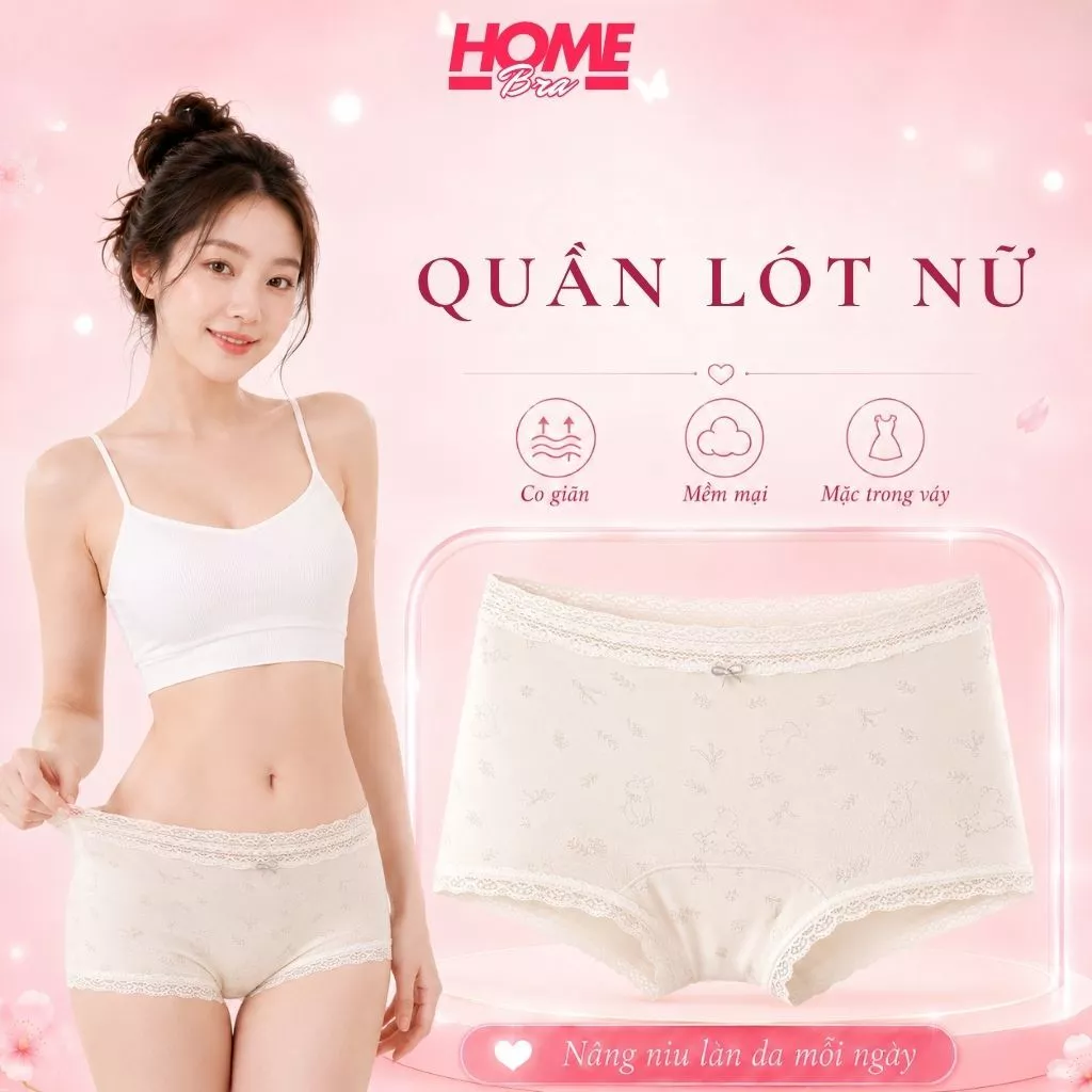 Quần lót nữ cotton dáng boxer cao cấp cạp vừa tôn dáng SEXY phối ren xinh xắn họa tiết cô điển L5272