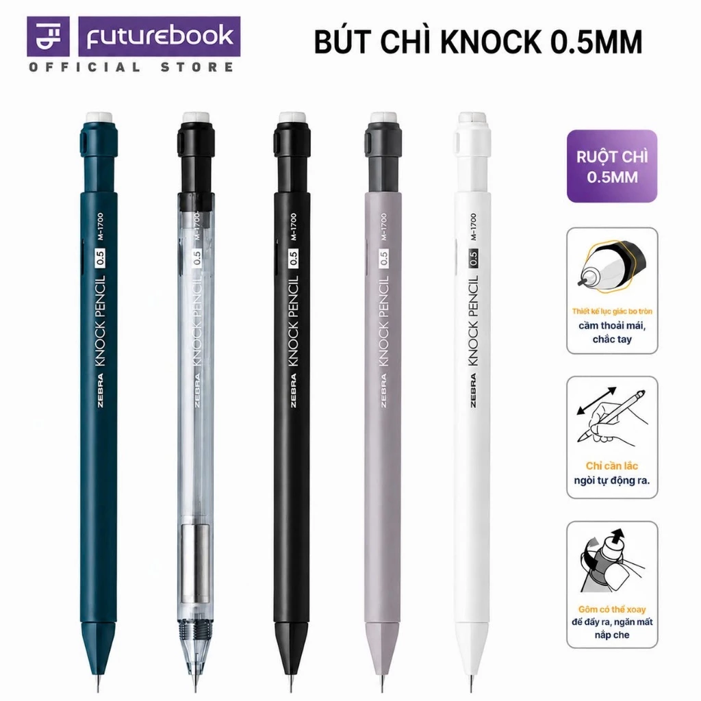 Bút Chì Bấm Kim Lắc Ngòi 0.5mm Zebra Knock Pencil M-1700 FUTUREBOOK Phân Phối Chính Hãng
