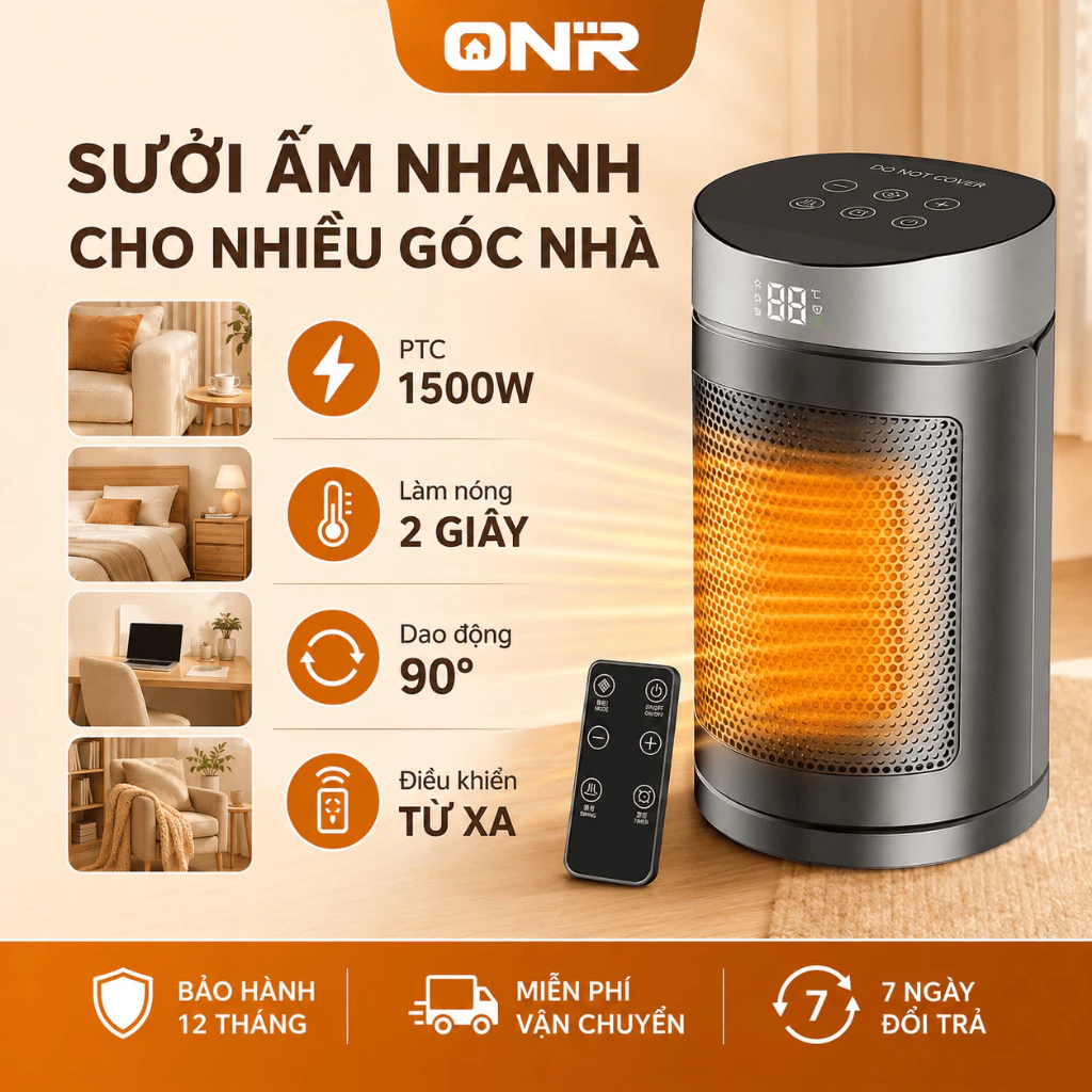 Quạt Sưởi Đứng 1500W, Cảm Ứng + Điều Khiển Từ Xa, Điều Chỉnh Nhiệt Độ + Tự Động Xoay 90°