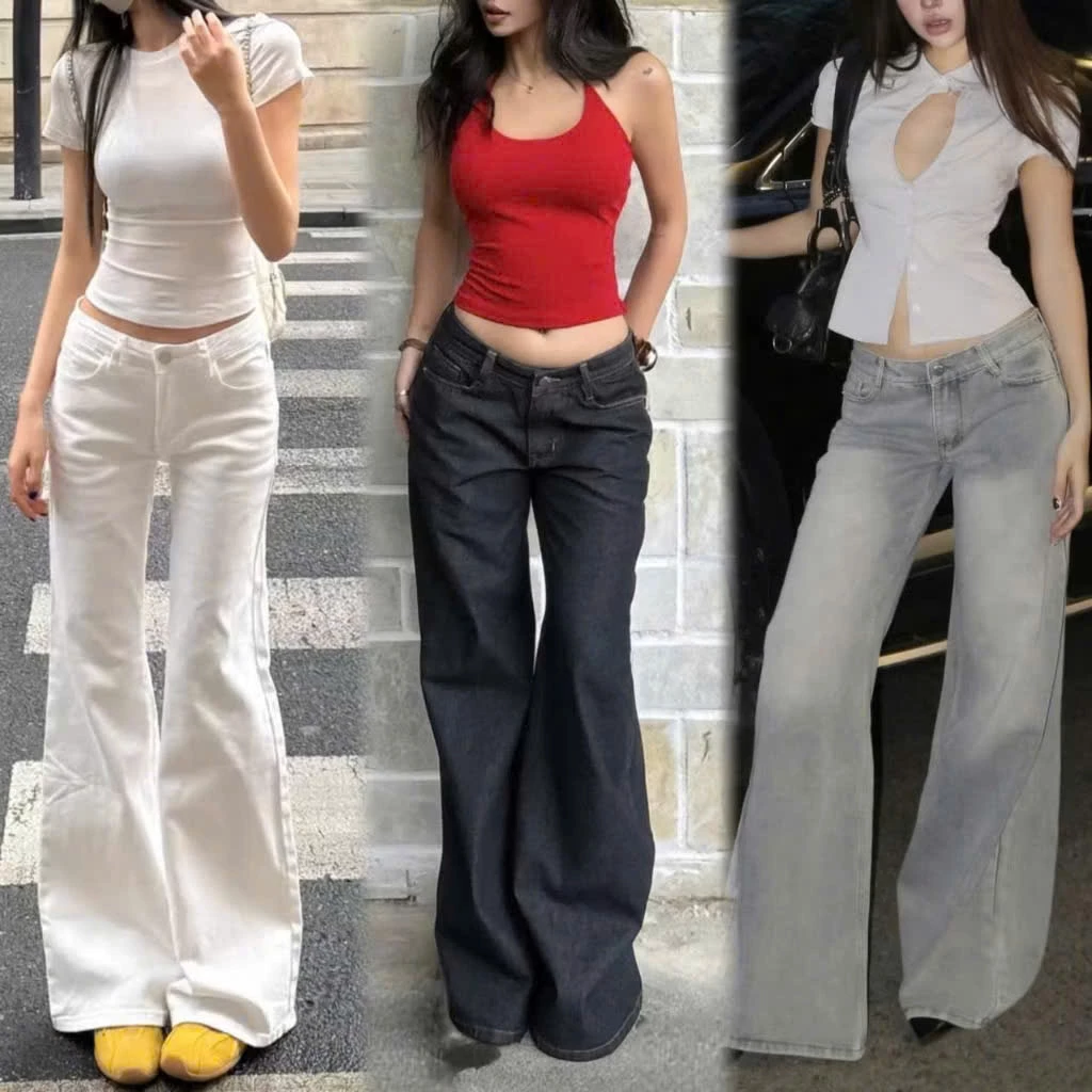 Quần Jean Nữ Lưng Cực Thấp Ống Suông Loe,Quần Bò Jean Trắng Ống Rộng Đủ Size Cực Tôn Dán