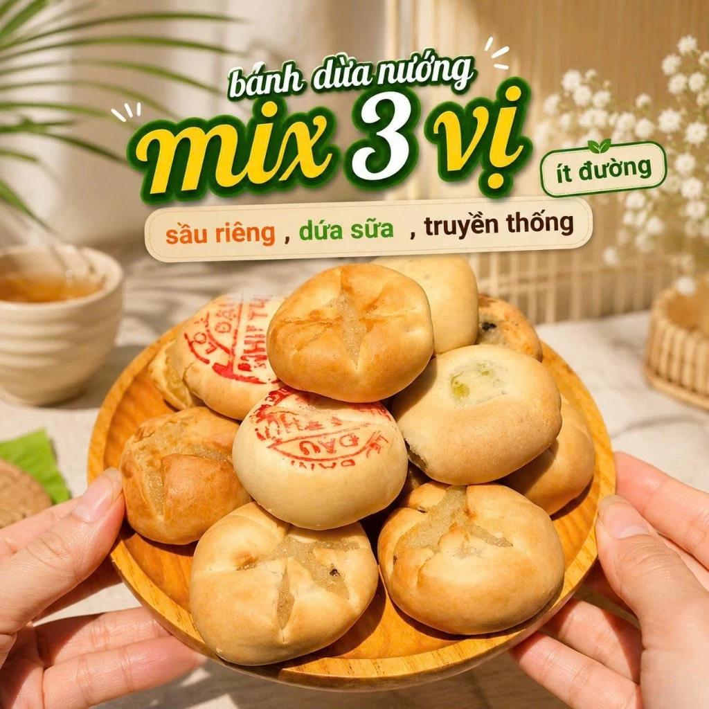 Bánh Dừa Nướng Mix 3 Vị Dứa Sữa, Sầu Riêng, Truyền Thống Ít Đường 500g | Ngọc Thuận