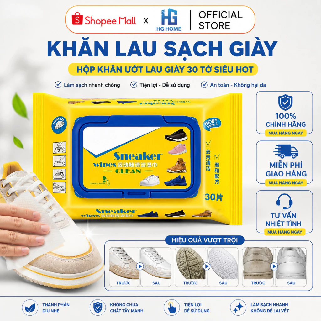Khăn Lau Sạch Giày, Hộp Khăn Ướt Lau Giày 30 Tờ Siêu Hot HGHOME