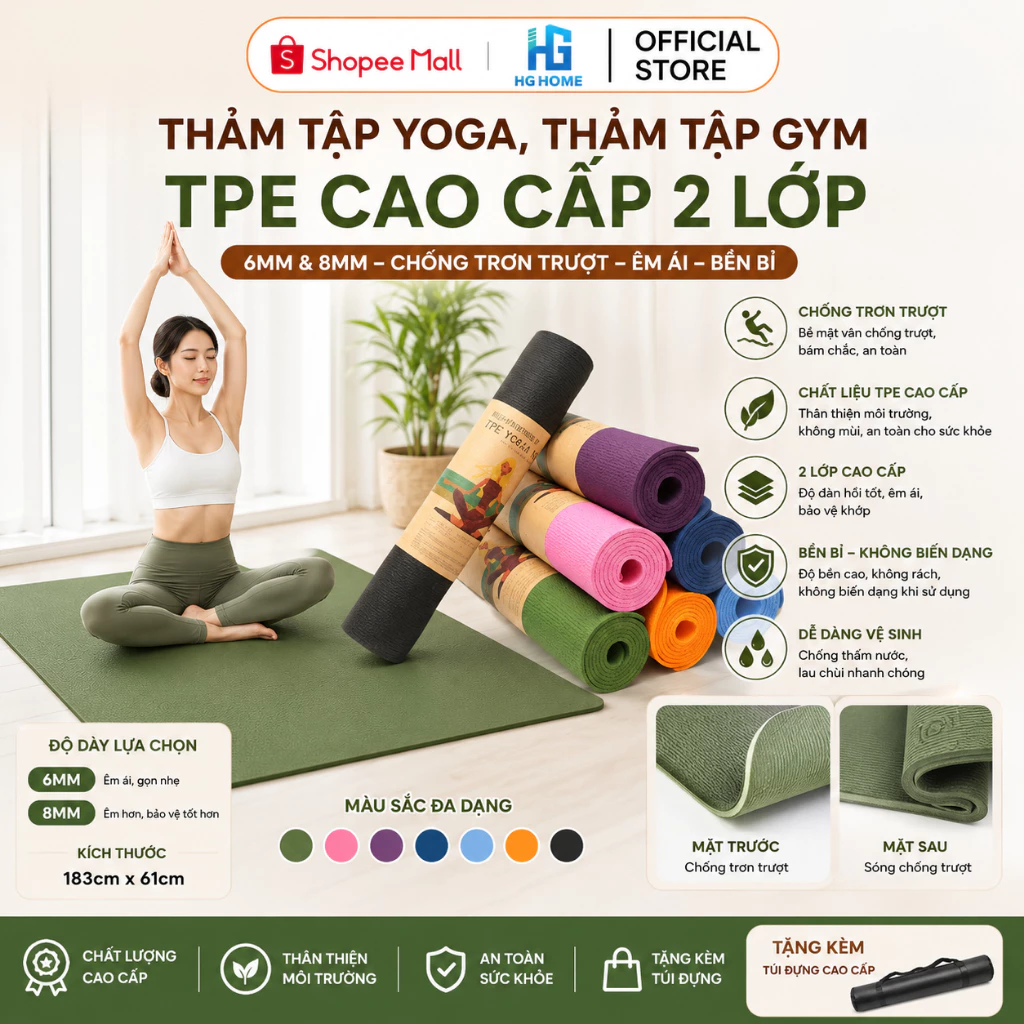Thảm tập yoga, thảm tập gym TPE 6mm và 8mm 2 lớp cao cấp chống trơn trượt HGHOME