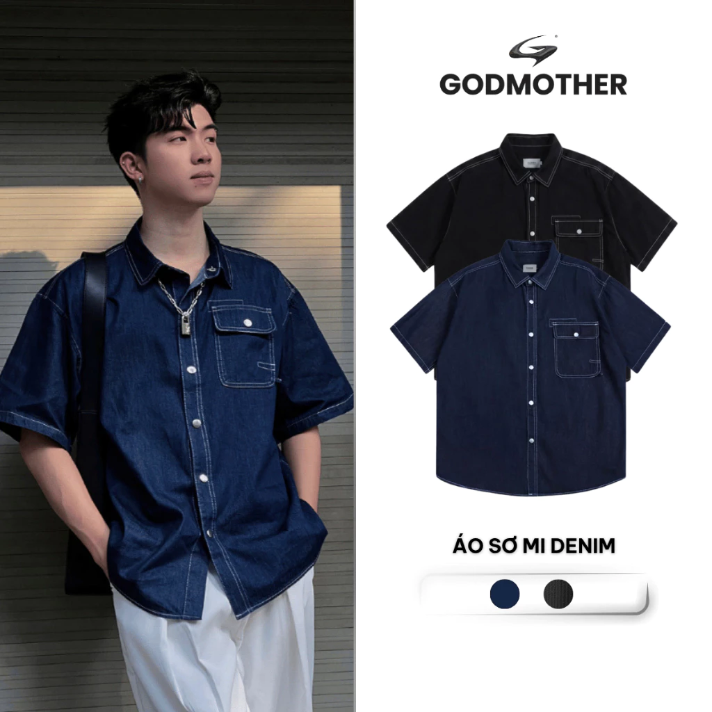 Áo Sơ Mi Denim GODMOTHER Áo Sơ Mi Basic Form Rộng Nam Nữ Unisex Phong Cách Tối Giản Xuân Hè 2026
