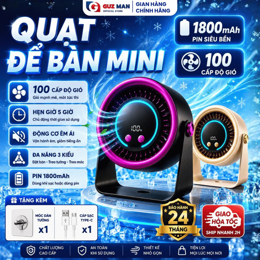 Quạt Tích Điện Để Bàn MINI Cao Cấp 3IN1 1800mAh 100 Mức Độ Gió Hoạt Động Êm Ái Siêu Mát Có Hẹn Giờ