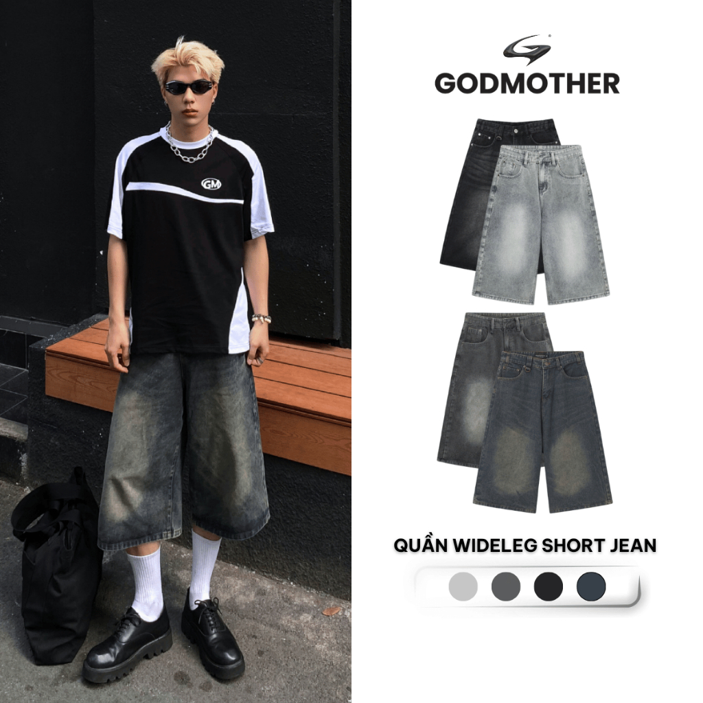 Quần Wide Leg Short Jeans GODMOTHER Nam Ống Rộng, Quần Jeans Short Lửng Phong…